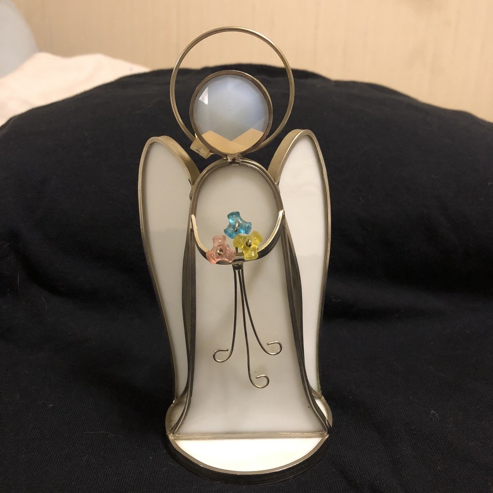 Angel Vtg 1980's Stained Glass Self Standing  Angel Figurine GHS Glasglo Brand